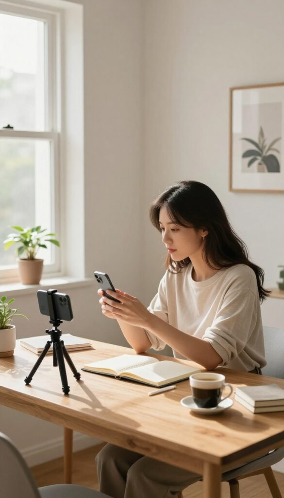 Woman recording an online course video in a bright home office