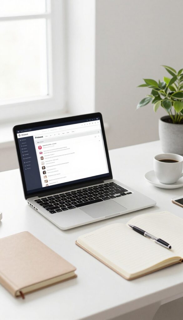 Blogger's workspace with laptop showing Pinterest board