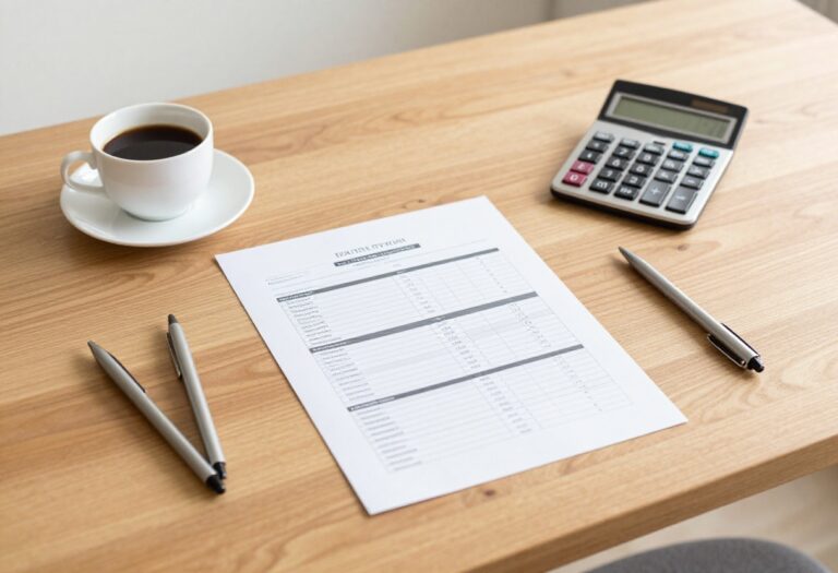 Budget worksheet on a wooden desk with coffee and calculator