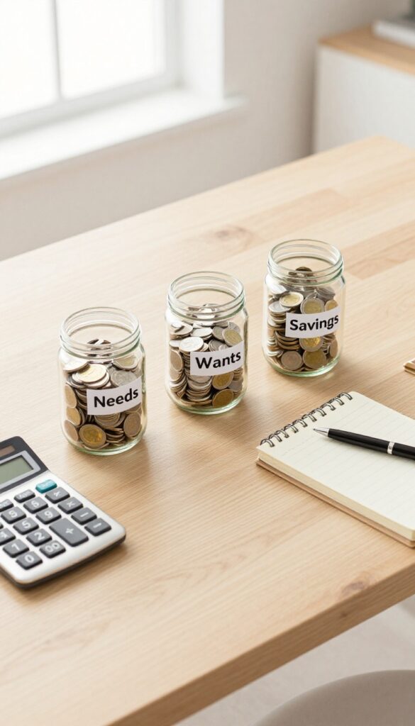 Three glass jars labeled Needs, Wants, and Savings filled with money on a wooden desk with a calculator and notebook.