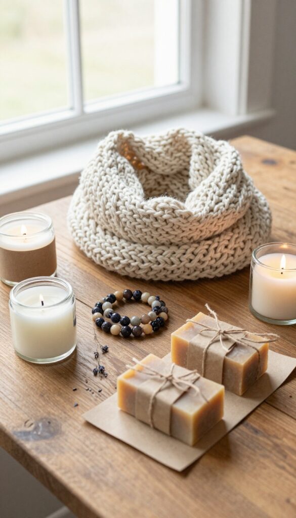 Flat lay of handmade crafts including knitted scarf, beaded bracelets, soy candles, and soap on a wooden table