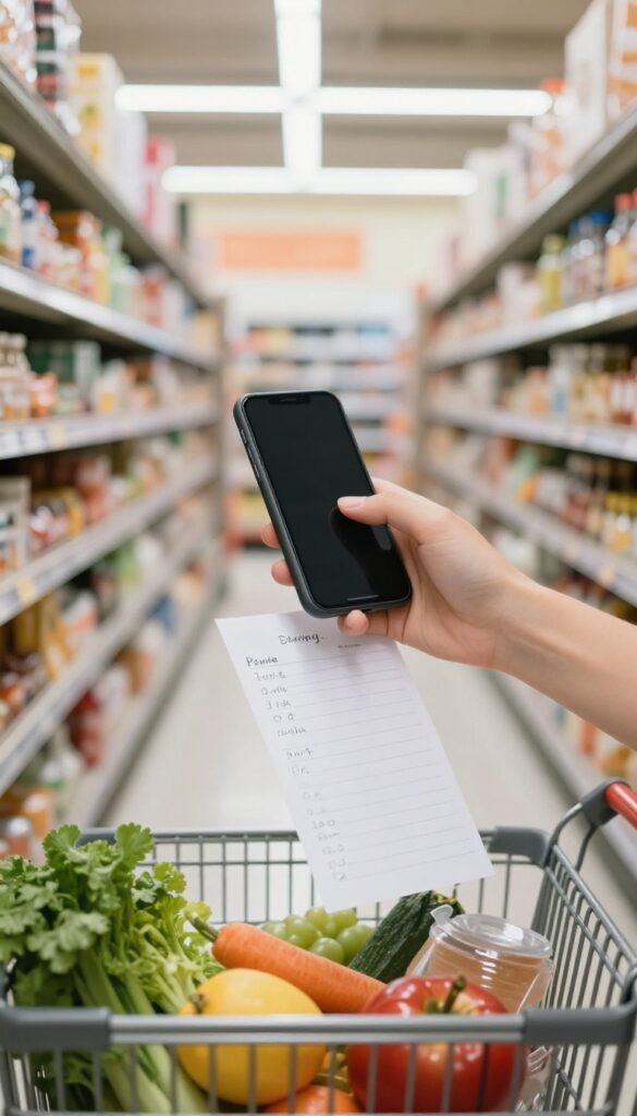 Shopper holding a list and phone timer in a grocery store aisle