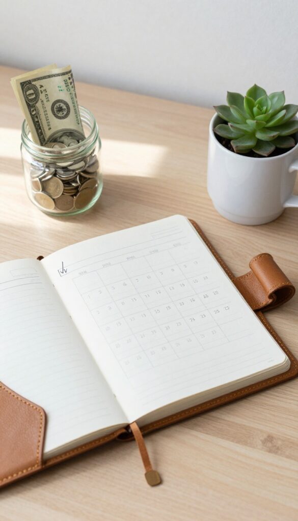 A minimalist desk setup with an open planner, a coin jar, a coffee mug, and a succulent in natural light, representing a monthly financial review.