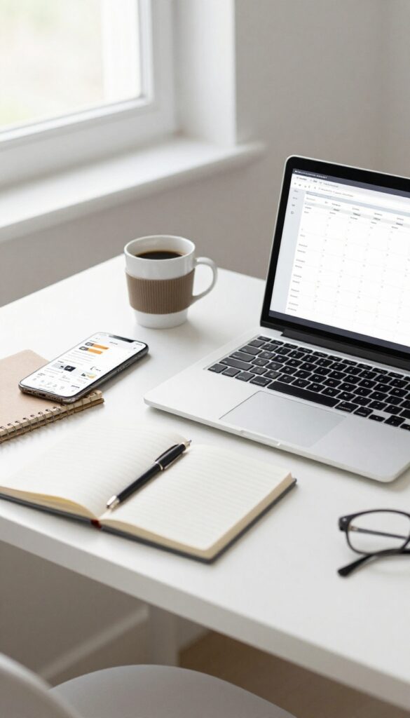Student's desk with smartphone showing social media analytics, laptop, notebook, and coffee in bright natural light