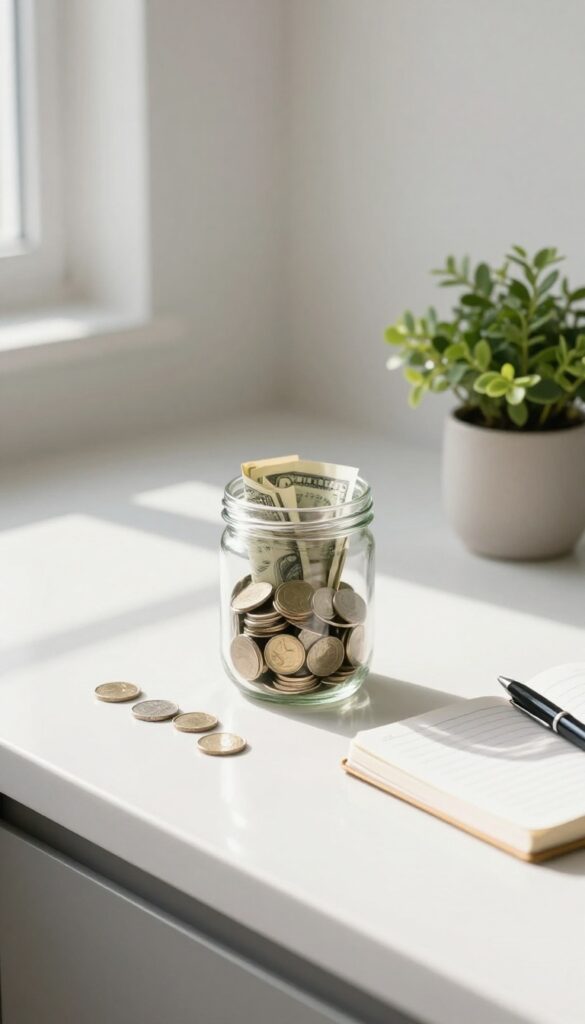 A jar of coins and cash on a kitchen counter with a notebook and pen, representing simple budgeting.