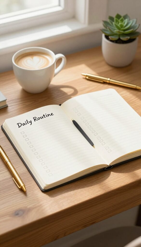 Flat lay of a notebook with a checklist, coffee cup, pen, and succulent on a wooden desk in natural light