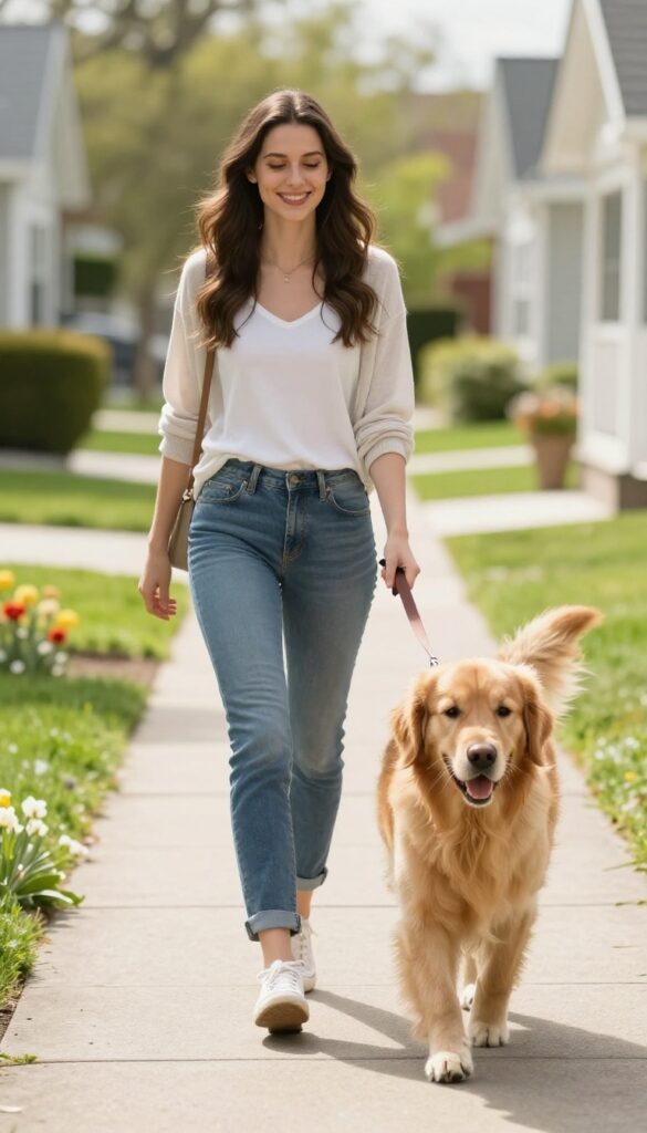 Young woman walking a golden retriever on a sunny suburban street