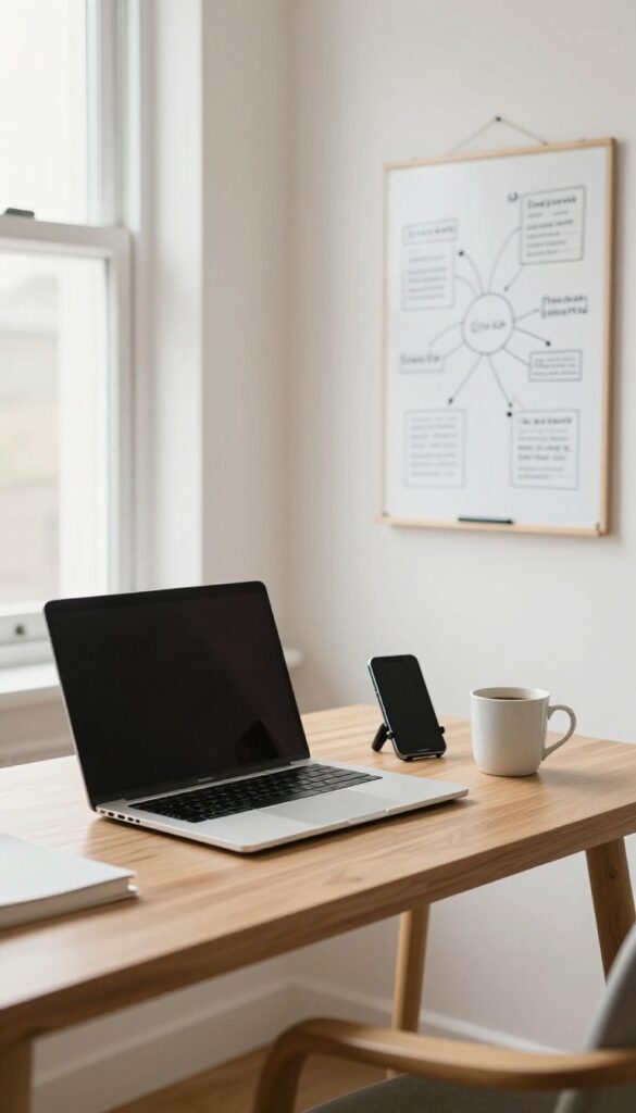 Home office with laptop, smartphone tripod, coffee mug, and whiteboard for recording an online course.