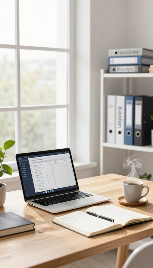 Home office desk with laptop, notebook, coffee, and plant, showing bookkeeping setup