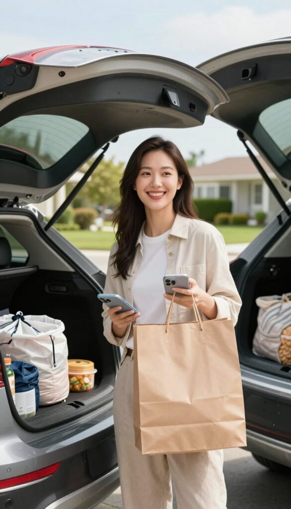 Person holding shopping bag and smartphone next to car with groceries and dry cleaning