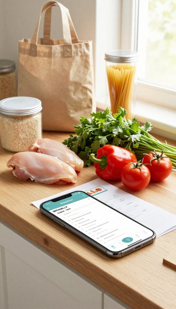 Flat lay of meal planning with sales flyer, smartphone, fresh ingredients, and pantry staples on a wooden counter in natural light.