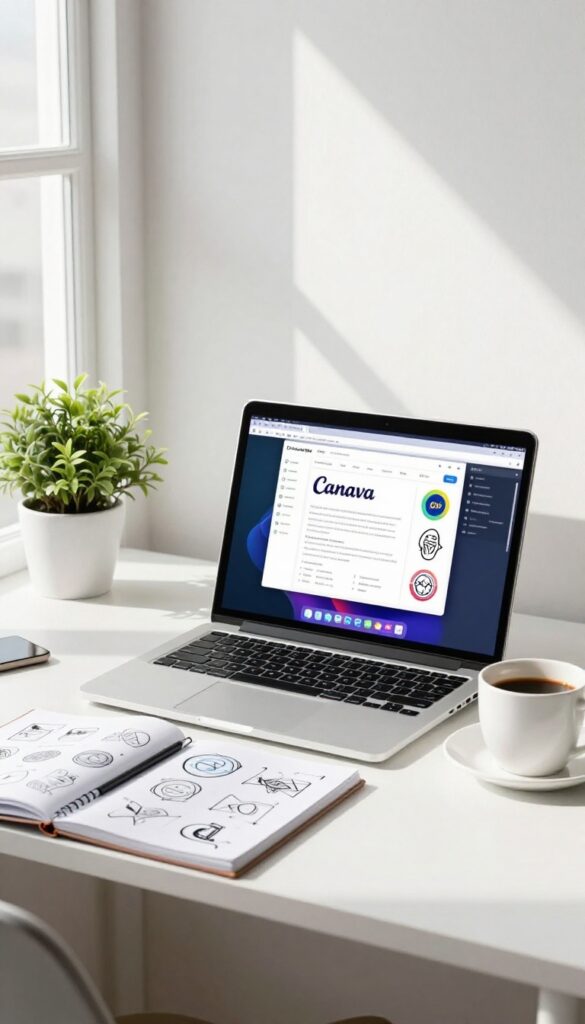 Freelance graphic design workspace with laptop, sketchbook, and coffee