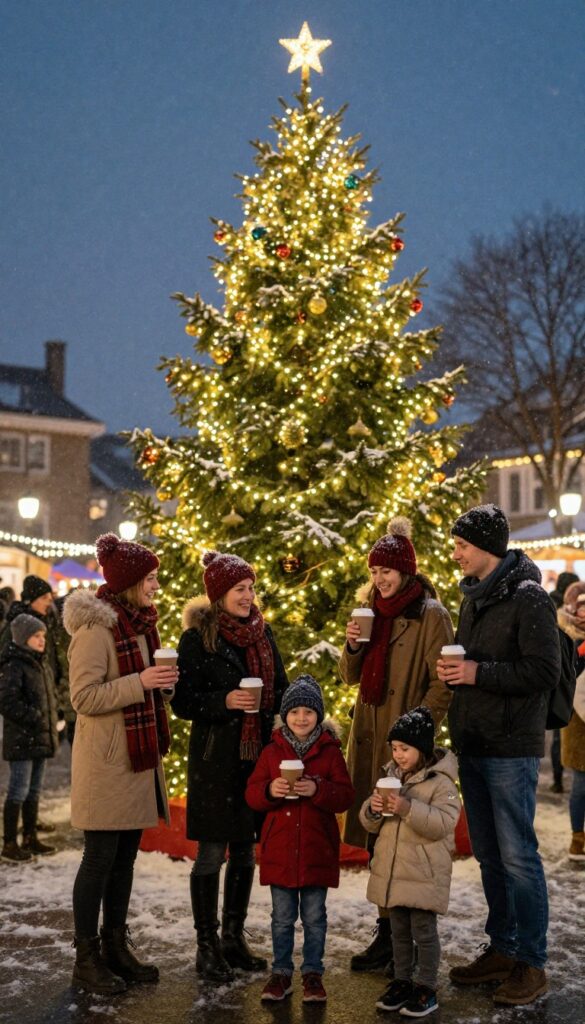 Community tree lighting event with families enjoying free holiday entertainment