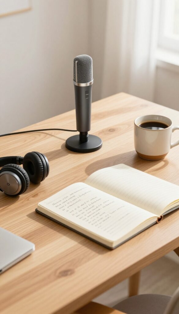 Overhead view of podcasting setup with microphone, headphones, notebook, and coffee on a wooden desk in natural light