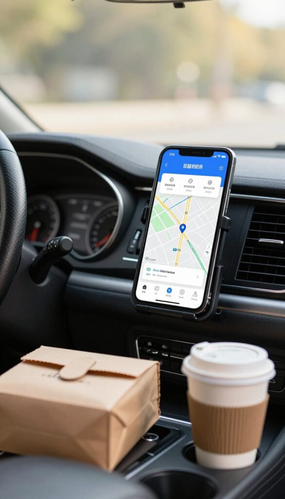 Car dashboard with smartphone showing delivery app and takeout bag on passenger seat