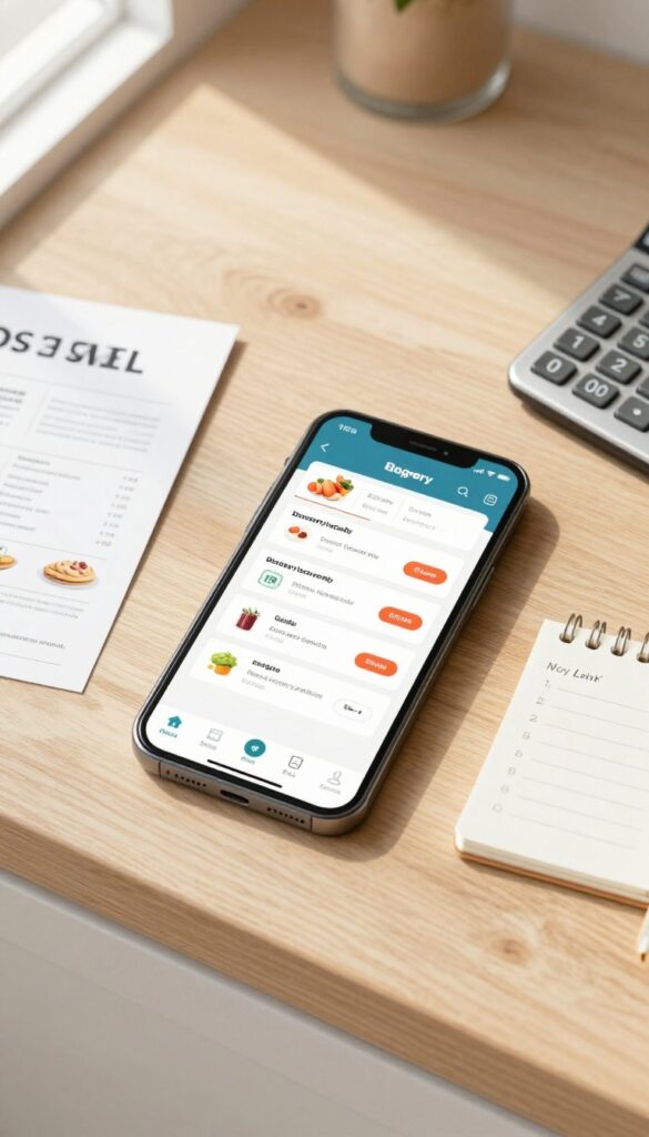 A smartphone showing digital coupons next to a store flyer and a shopping list on a wooden table.