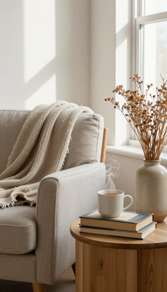 Cozy living room corner with armchair, sweater, books, and tea, embodying gratitude for what you already own