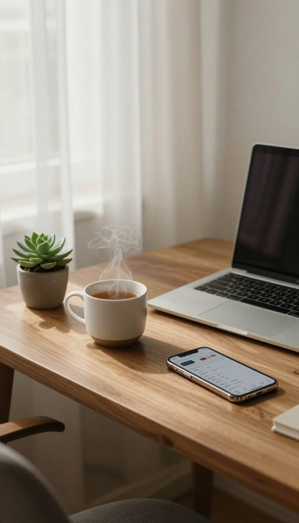 A cozy desk setup with a planner, tea, and a phone displaying a budgeting app, representing a weekly money date ritual.