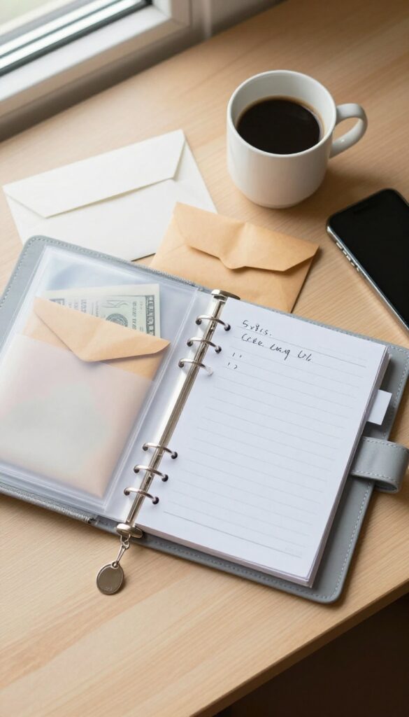 Mini binder with cash envelopes and spending log on a desk, representing portable budgeting on the go.