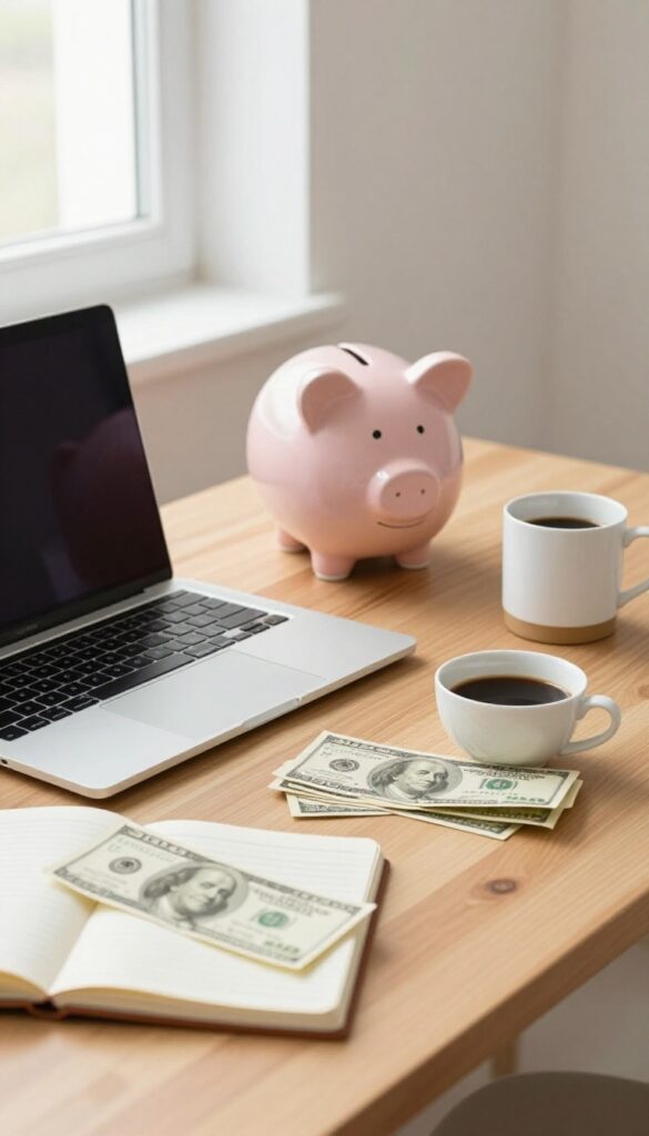 A person's side hustle workspace with a laptop, notebook, coffee, and piggy bank, representing saving money from freelancing or odd jobs.