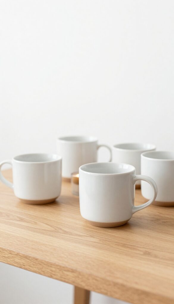 Handmade ceramic mugs and a candle on a wooden table in natural light