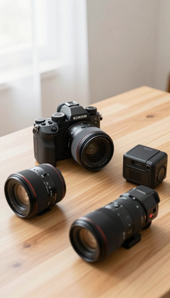 Photography equipment neatly arranged on a table for rental