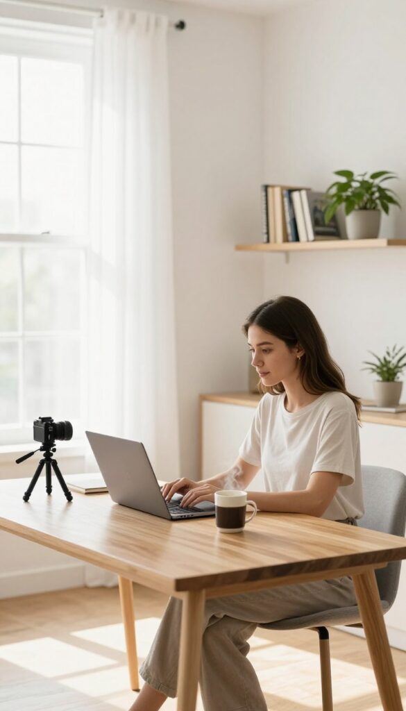 Woman blogging or vlogging from home office with laptop and camera setup