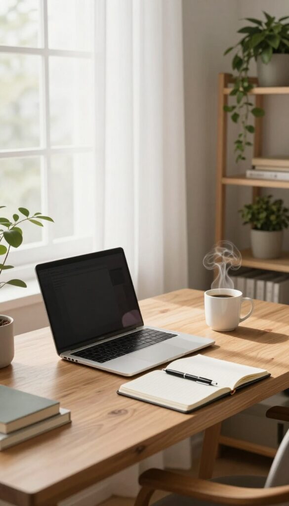 A bright home office setup with a laptop, coffee, notebook, and plants, representing freelance writing as an online income stream.