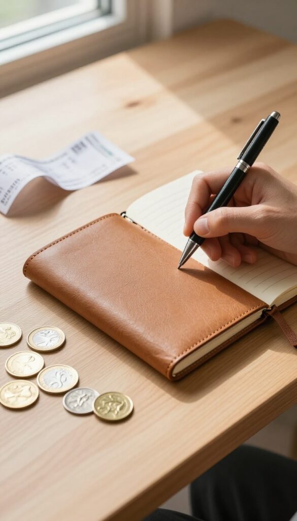 Hand writing in a small paper ledger notebook with coins and a receipt nearby on a wooden table, natural light.