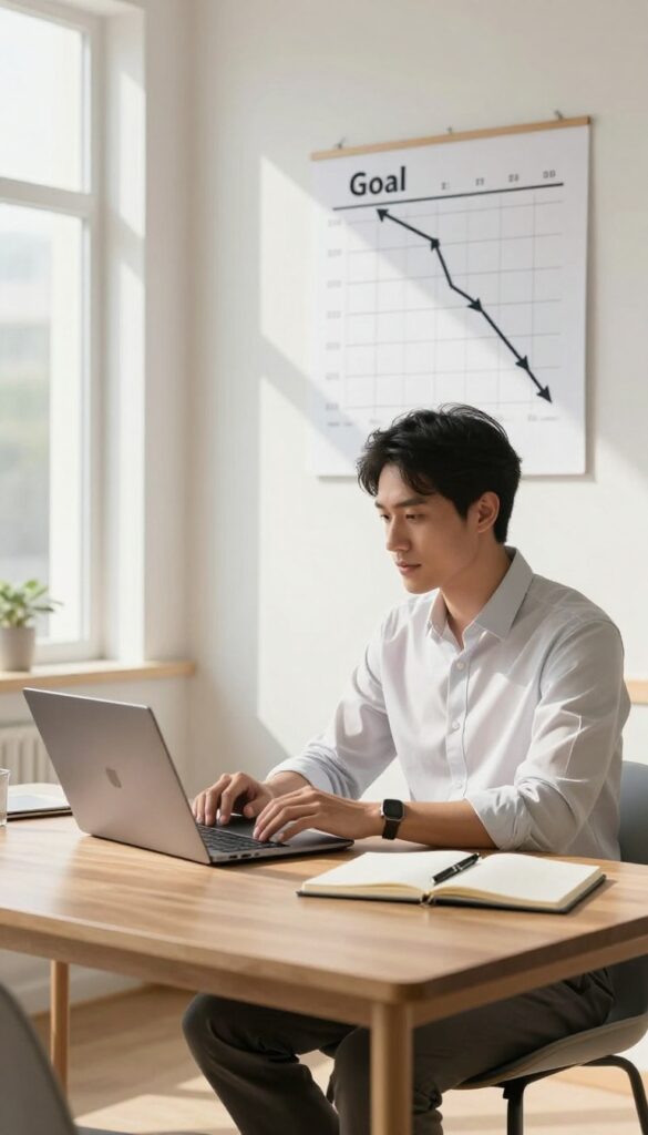 Person at a desk with a goal chart and vision board, symbolizing clear goal setting for a side hustle.