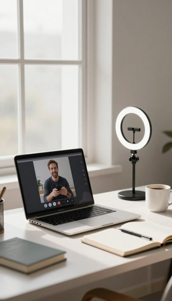 Cozy home office setup for creating an online course, with laptop and ring light