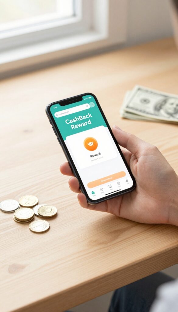 Hand holding smartphone with cashback app, coins and cash on table