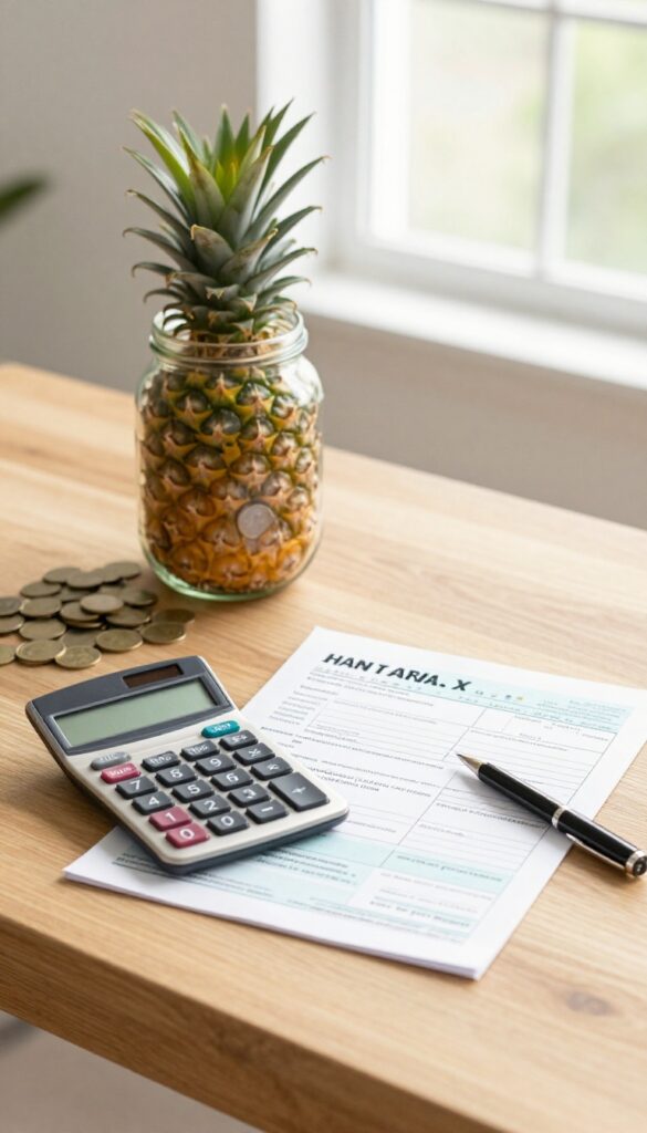 Property tax bill and calculator on a desk next to a savings jar with cash