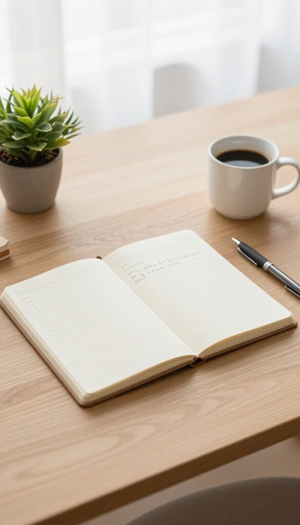 A bright, clean desk with an open notebook, pen, coffee mug, and small plant, representing patience and learning in budgeting.