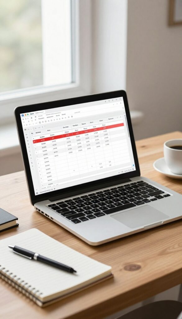 A laptop displaying a spreadsheet for tracking monthly bills on a wooden desk with a notebook and coffee cup