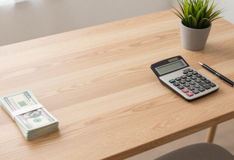 Calculator and bills on a wooden desk with a plant, representing budgeting and saving money.