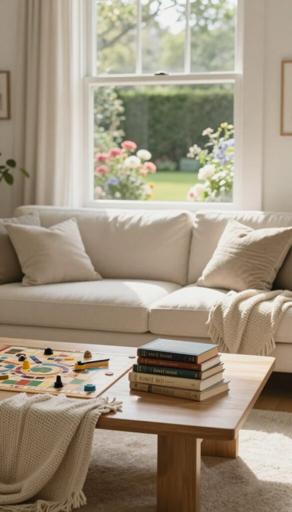 Cozy living room with board games and books for a no spend weekend
