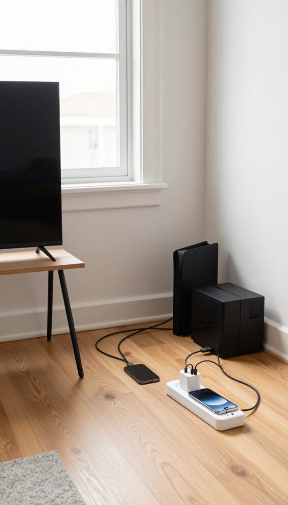 A power strip with unplugged charger and electronics in a bright living room