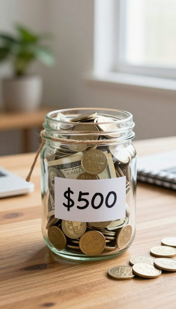 A glass jar filled with cash and coins labeled $500 on a wooden table in a bright home office