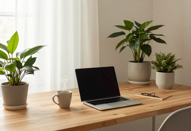 Cozy home office with laptop and coffee, perfect for introvert side hustles