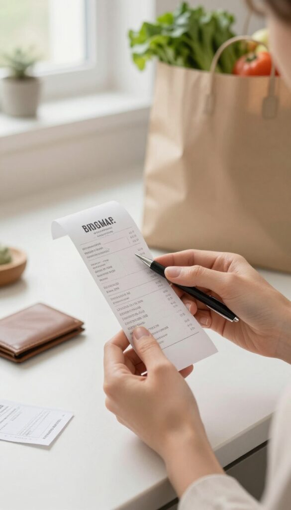 Woman reviewing grocery receipt at kitchen counter with shopping bags nearby