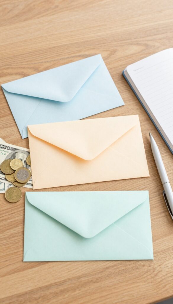 Cash envelopes on a wooden table with money spilling out, representing the cash envelope budgeting system.