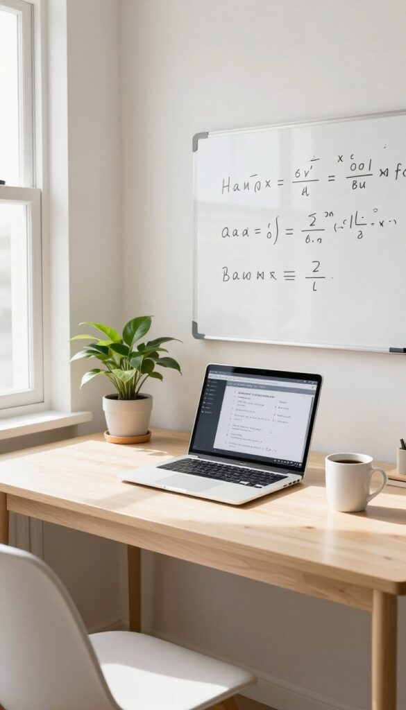 A bright home office setup for online tutoring with a laptop, whiteboard, and plant.