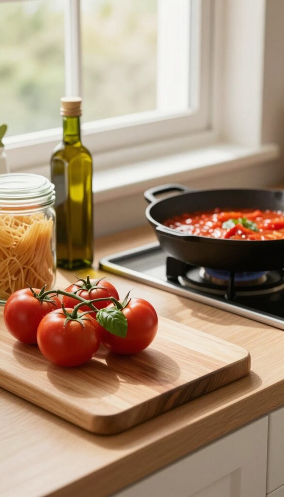 Home cooking scene with fresh ingredients and a skillet on the stove