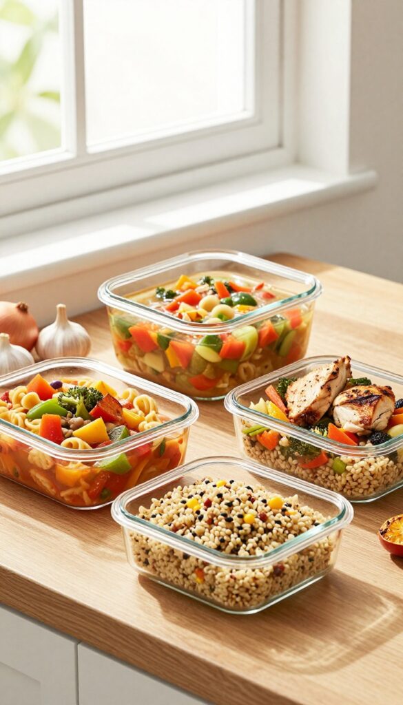 Meal prep containers with soup, pasta sauce, and grain bowl on a kitchen counter