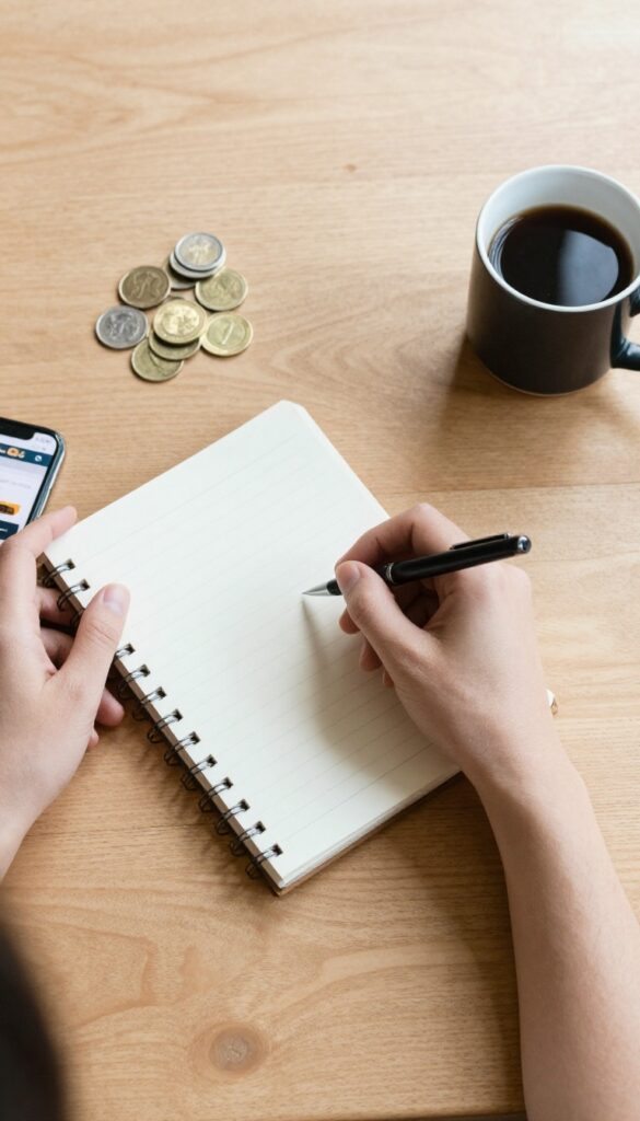 Hands writing a budget in a notebook with smartphone, cash, and coins on a wooden desk.