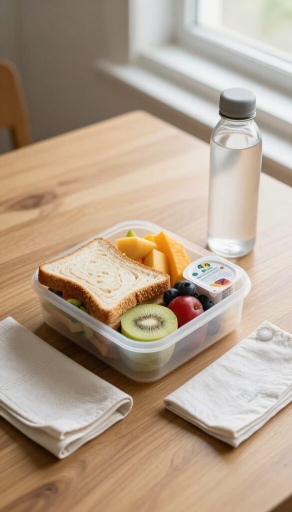 A packed lunch with sandwich, fruit, and yogurt on a wooden table in natural light.