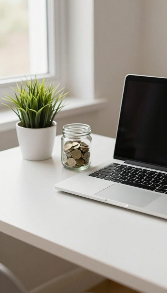 Minimalist desk with laptop, plant, and jar of coins representing balanced budgeting.