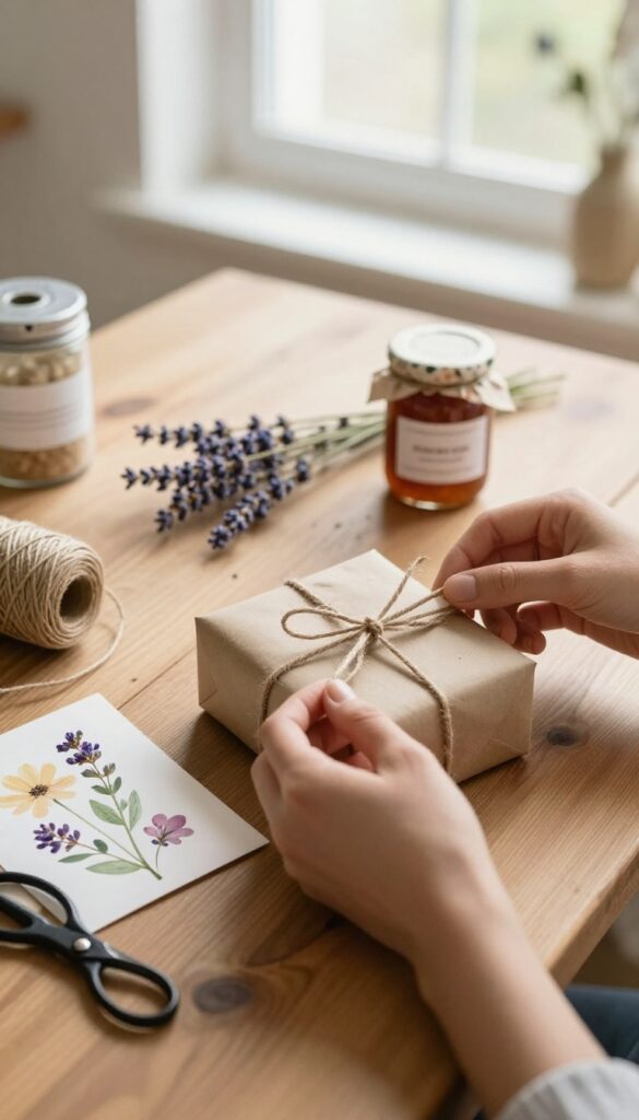 Homemade gift wrapped in brown paper with twine and a hand-painted greeting card on a rustic kitchen table, with craft supplies nearby.
