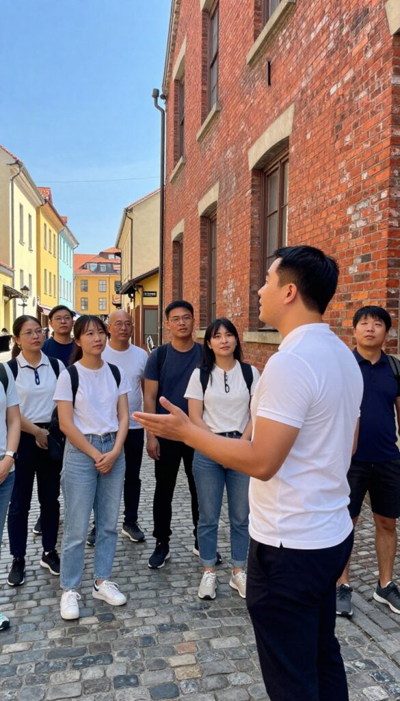 Tour guide leading a small group on a walking tour in a sunny historic city street